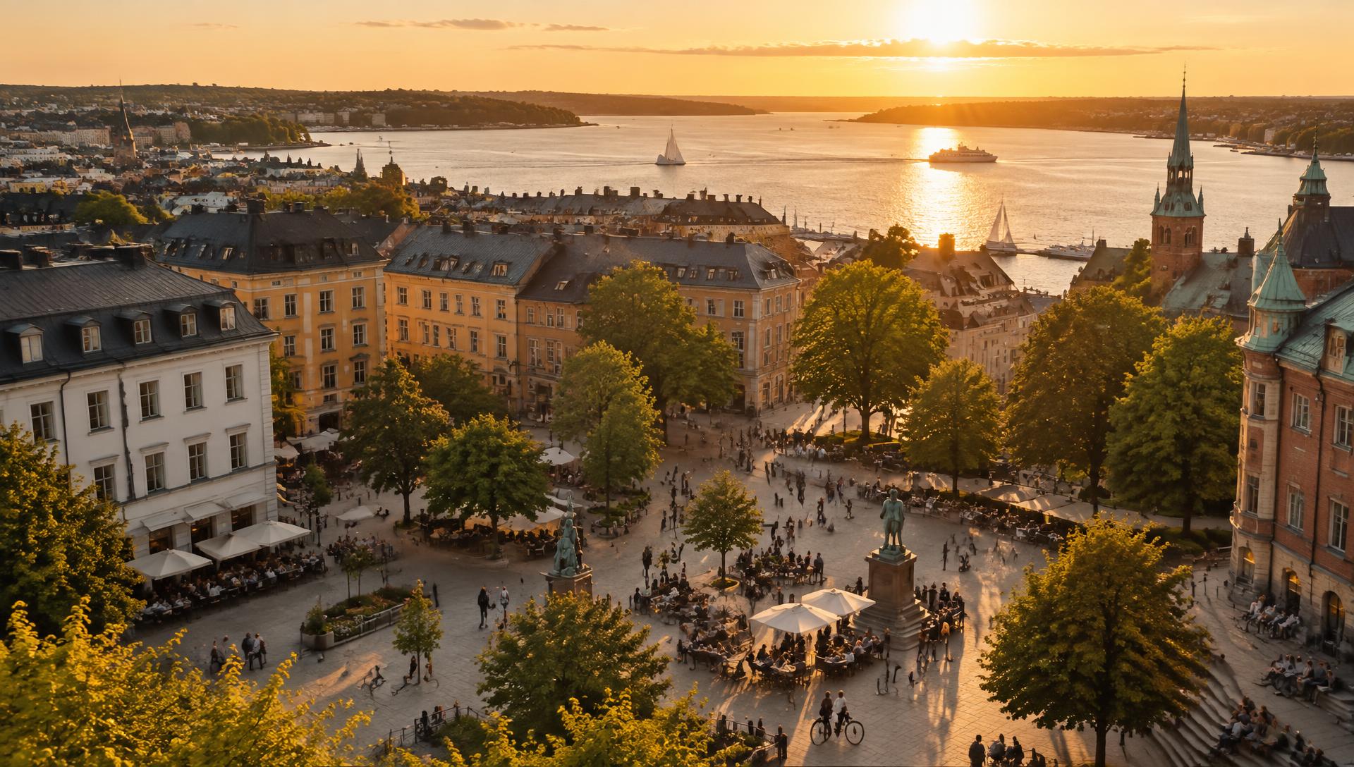Nordisk stad i kvällsljus med människor på ett torg