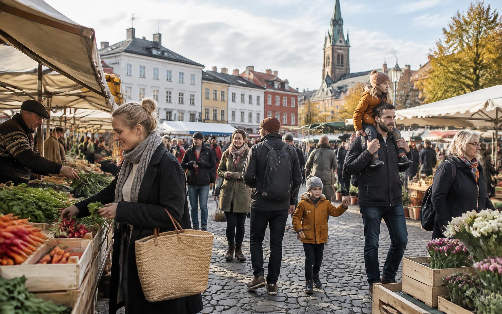 Människor som möts på en torgdag i en nordisk stad