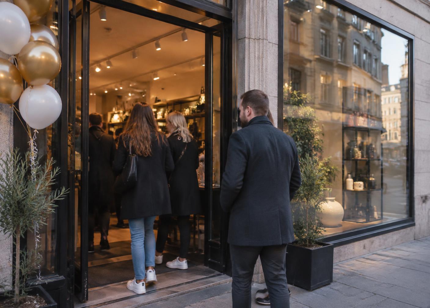 Nyöppning av butik med besökare i en nordisk handelsgata